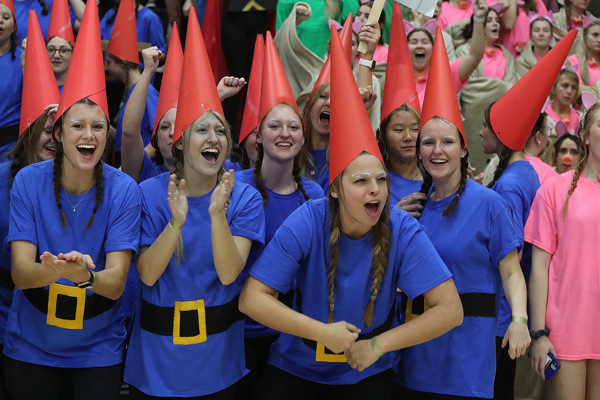Students dressed as gnomes cheering at Silent Night