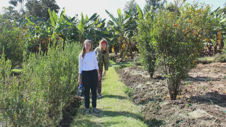 Two female students standing amongst tropical trees