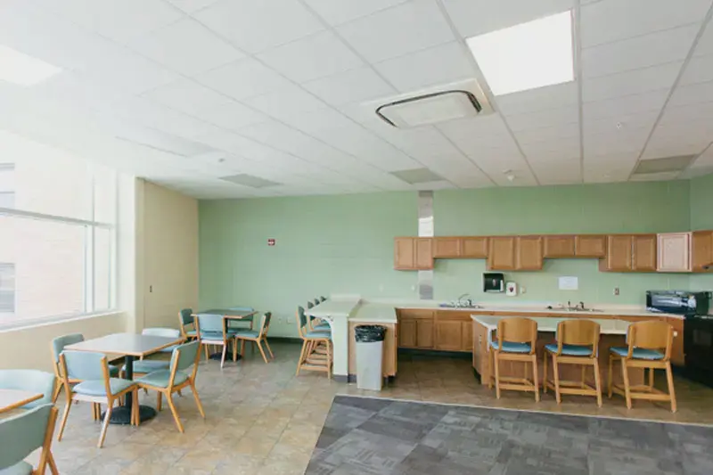 The third floor has a fully-equipped kitchen in the common room