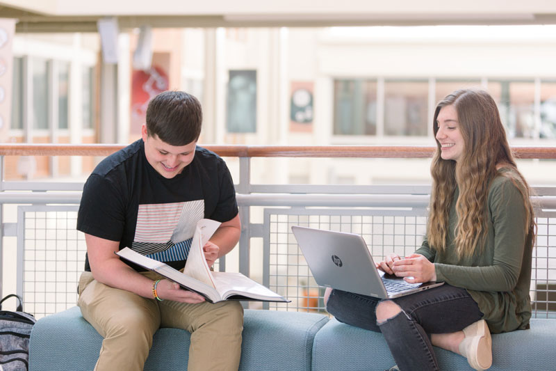 A pair of students studying in the Euler Atrium